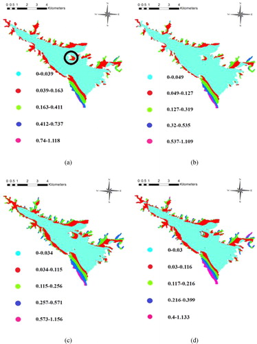 Figure 7. Clustered area of Lake Dez dam on the basis of cluster analysis of Sx using Ward method in (a) Jun, (b) Jul, (c) Aug, and (d) Sep.