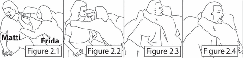 Figures 2.1–2.4 Matti and Frida establish a hug, and Matti makes a choking sound.