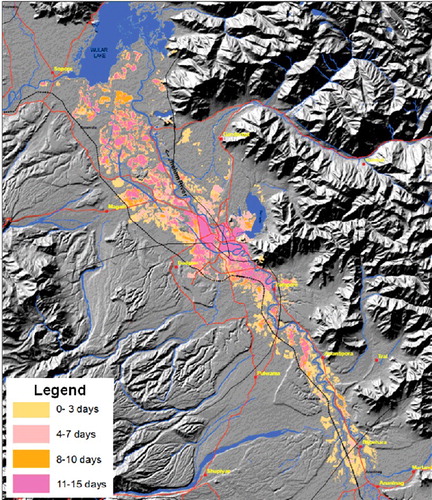 Figure 10. Flood persistence within the valley based on the analysis of satellite images acquired during 8–25 September 2014.