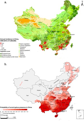 Figure 4. The spatial distribution of scrub typhus in China. (a) The distribution of annual incidence in mainland China from 2006 to 2013. (b) The predicted risk distribution of scrub typhus at the county level in mainland China.