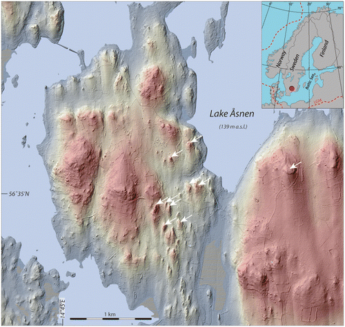 Figure 12. Hill shaded DSM of drumlins on Vemboö within Lake Åsnen; drumlins are all of the rock-cored type. Some of the protruding rock nobs are marked by white arrows. Colour coding is from ~190 (reddish) to 140 (blue greyish) m a.s.l. The red dot in the lower right corner of the inset map shows the location of the area in a regional context. LiDAR data provided by Lantmäteriverket, Sweden; ©Lantmäteriverket i212/927.