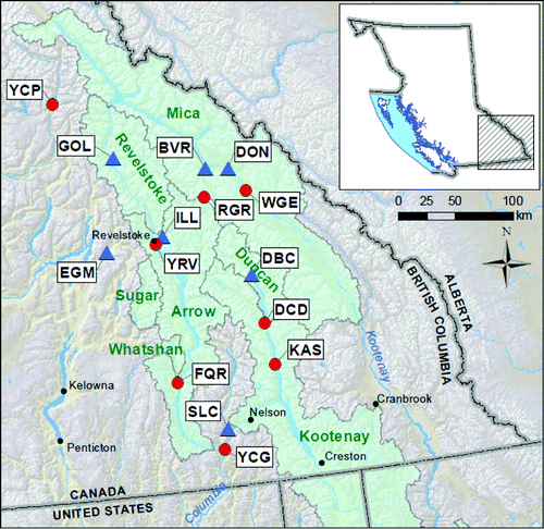 Fig. 1 Location map of hydrometric stations (blue triangles; WSC) and climate stations (red circles; MSC) used in this study. The outlines show BC Hydro watershed boundaries. The three-letter station codes are defined in Table 1.