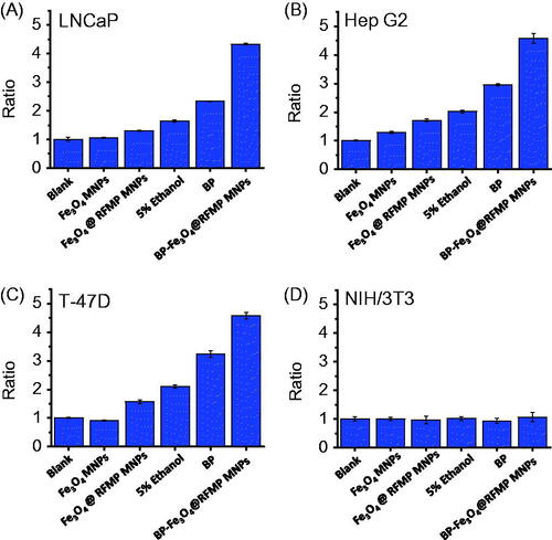 Figure 5. Investigation of caspase 3 activity. Bar graphs of (A) LNCap, (B) Hep G2, (C) T-47D and (D) NIH/3T3 cells obtained by plotting the ratio of the fluorescence intensity at 505 nm of the resultant fluorescence spectra obtained after conducting different treatments followed by the caspase 3 activity assay to that obtained from the control samples (blank) according to the results shown in Supplementary Figure S6.