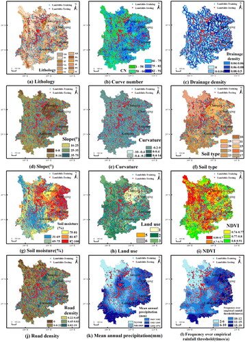 Figure 2. Spatial distribution of landslide conditional factors. Lithology (MT: metamorphic rocks; PA: acid plutonic rocks; PB: basic plutonic rocks; PI: intermediate plutonic rocks; PY: pyroclastic rocks; SC: carbonate sedimentary rocks; SM: mixed sedimentary rocks; SS: siliciclastic sedimentary rocks; SU: unconsolidated sediments; VA: acid volcanic rocks; VB: basic volcanic rocks; VI: intermediate volcanic rocks). Soil type (10: lacustrine; 11: semi-lacustrine; 15: incipient; 16: semi-hydromorphic; 17: hydromorphic; 19: anthropogenic; 20: alpine; 21: ferro-aluminous; 23: rock). Land use (1: arable land; 2: forestland; 3: grassland; 5: urban and rural industrial and mining residential land; 6: unused land).