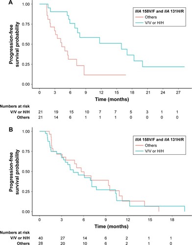 Figure 3 Progression-free survival for patients with metastatic gastric cancer receiving chemotherapy and trastuzumab (A, P=0.004) or chemotherapy only (B, P=0.62) as the first-line treatment, according to FcγRIIA and IIIA polymorphisms (others vs H/H or V/V).