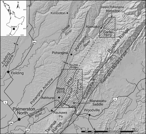 Figure 1. Location map showing the geological mapping boundaries of Carter (Citation1972) in the Komako District and Rees (Citation2015) in the Lower Pohangina Valley. Major regional faults and folds are displayed for reference. PFM = Pohangina Faulted Monocline after Marden (Citation1984). Main roads and urban areas are displayed. Geological data sourced from Rich (Citation1959), Carter (Citation1972), Marden (Citation1984), Beanland (Citation1995) and Rees (Citation2015). Topographic data sourced from LINZ Data Service, Crown Copyright Reserved.