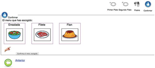 Figure 12. Confirmation user interface generated by Egoki for Service 1. [Translation to English: “Confirmar el menu que has escogido” means Confirm your selected menu; “Ensalada” means Salad; “Filete” means steak; “Flan” means Crème Caramel; “Confirma el menu escogido” means Confirm the selected menu.]