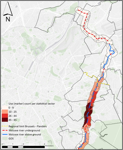 Figure 7. Use count in green open spaces along the Woluwe buffer (300 m). Color coding per neighborhood (statistical sector) distinguishes those with higher and lower use counts. Colour online.