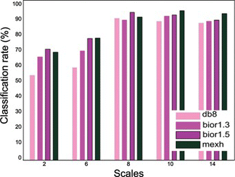 Figure 8 Mental task classification results of neural network with four different wavelet input features from five individual scales (color figure available online).