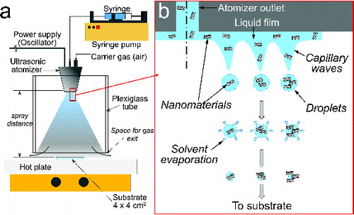 FIG. 2. (a) Ultrasonic spraying system used for film deposition experiments (front view) and (b) description of droplet formation on the surface of the ultrasonic atomizer.