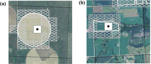 Figure 3. Examples of individual validation sites for (a) irrigated fields in western Nebraska and (b) rainfed fields in eastern Nebraska with the centroid (white), interior (transparent), and edge (hatched) pixels used in the various scales of field-level accuracy assessment.