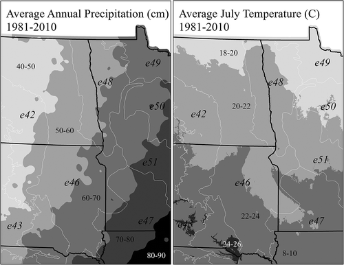 Figure 1. Average annual precipitation and average temperature for July (Source: Daymet – Thornton et al., Citation2014) for the U.S. northern prairie. Level III (1999 version) ecoregion boundaries shown in white (U.S. Environmental Protection Agency, Citation2015). E43- Northwestern Great Plains, e42- Northwestern Glaciated Plains, e46- Northern Glaciated Plains, e47- Western Corn Belt Plains, e48- Lake Agasszi Plain, e49- Northern Minnesota Wetlands, e50- Northern Lakes and Forests, and e51- North Central Hardwood Forests.