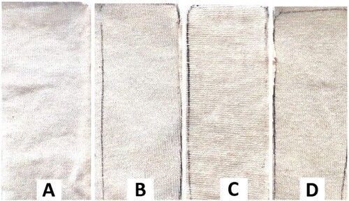 Figure 12. Photographs for microencapsulated cotton fabrics exposed to UV rays (A: UV-free, B: 10 rubbs + UV, C: 20 rubbs + UV, D: 30 rubbs + UV).