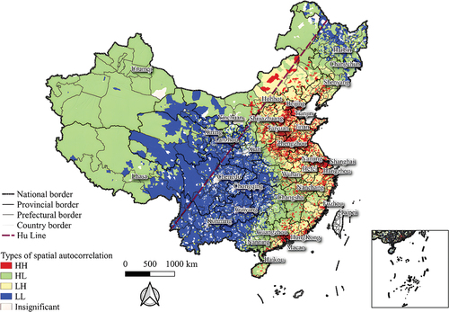 Figure 6. Distribution map of the spatial autocorrelation types of the PREs in various regions of China at the township scale. HH: High-high type, high value cluster; HL: High-low type, high values neighboring surrounded by low values; LH: Low-high type, low values surrounded by high neighboring values; and LL: Low-low type, low value cluster.