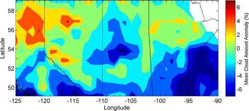 Fig. 5 Mean cloud amount anomaly (%) during drought for the recent drought period (September 1999–December 2004) over the Prairie provinces from May–September.