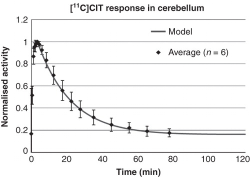 Figure 1. The response of [11C]CIT in cerebellum was modeled from TACs from six previous experiments where the tracer was administered as an intravenous bolus. Error bars indicate standard deviation. The model curve was used to calculate the infusion scheme required to achieve pseudo steady state of tracer in cerebellum.