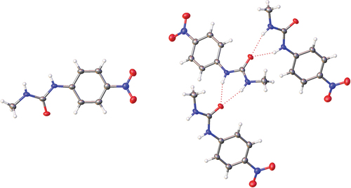 Figure 6. Crystal structure of 1 showing the solid-state molecular structure (left) and hydrogen bonding within the crystal structure (right).