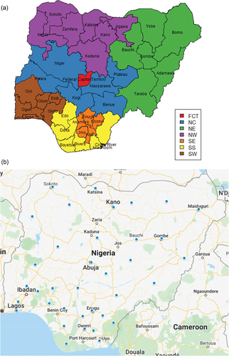 Figure 2. (a) Map of Nigeria showing the 36 states and FCT (Federal Capital Territory) in the 6 geopolitical zones/regions (created using R software package ‘naijR’ [Citation32]); and b) Map of Nigeria showing the 35 states and FCT affected by flood incidences between 2011–2020 (Source: Google Maps, modified by authors).