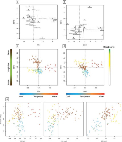 Figure 5. (a) Detrended Correspondence Analysis (DCA) ordination of nannofossil species and samples, where letters indicate the assignment of a sample to one of the assemblages A to E. (a) Distribution of species along axes DCA1 and DCA2. (b) Distribution of species along axes DCA1 and DCA3. (c) Assemblages along axes DCA1 and DCA2. (d) Assemblages along axes DCA1 and DCA3. (e) The relationship between DCA axes and Shannon’s index of diversity (raw). Only DCA2 and DCA3 are associated with sample diversity