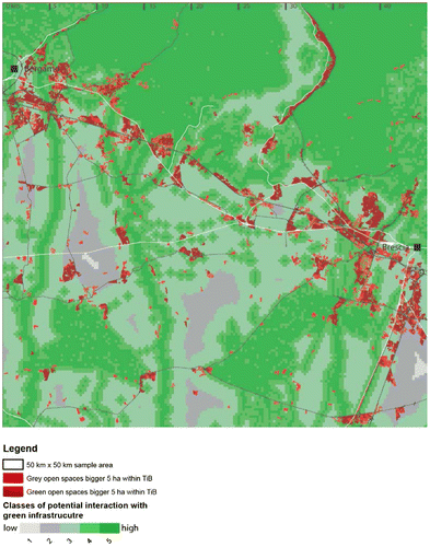 Figure 5. The five zones of potential interaction of open spaces and the green infrastructure in the case of Bergamo–Brescia.