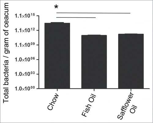 Figure 1. Rat pups born to dams fed diets rich in either n-3 PUFA (fish oil) or n-6 PUFA (safflower oil) have decreased total bacterial load compared to the pups born to dams fed chow which contains a ratio of 8:1 n-6 PUFA to n-3 PUFA. Total number of bacteria per gram of cecal tissue was quantified using SYBR green nucleic acid staining. Rat pups whose mothers consumed diets rich in either n-3 or n-6 PUFA had significantly less bacteria compared to the chow group (*, P < 0.05).