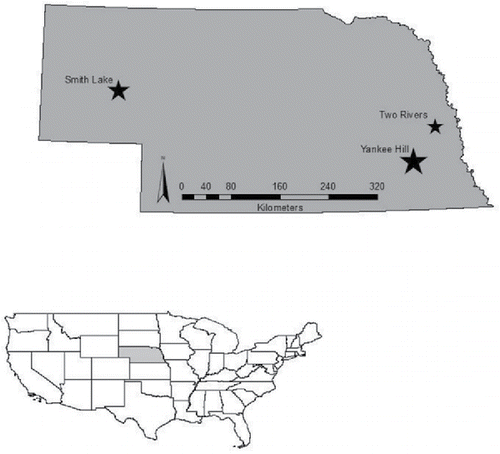 Figure 1 Location of Smith Lake, Two Rivers Lake #1, and Yankee Hill in Nebraska. The star size reflects the relative size of the lakes to one another.