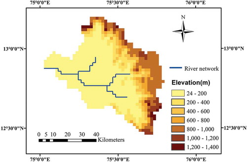 Figure 2. Elevation and the river network of Netravathi (up to Bantwal gauging station) generated in the SHETRAN model (grid resolution is 2 km × 2 km).