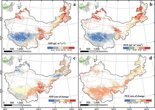 Figure 2. Spatial patterns and dynamics of NPP and PUE across China’s grasslands. Graphs a and b represent distributions NPP and PUE, respectively, Graphs c and d represent NPP and PUE, respectively.