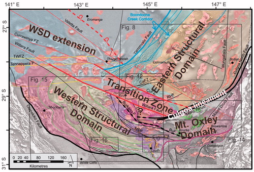 Figure 9. Composite image of basement geology of the southern Thomson Orogen and RTP TMI magnetic data showing the structural domains of the southern Thomson Orogen and their proposed boundaries (thick lines); same legend as Figure 4b. Also shown is the position of Figures 8, 12 and 14–17. BuF: Burkano Fault; CaFZ: Caiwarro Fault Zone; CuFZ: Currawinya Fault Zone; MOF: Mount Oxley Fault; RHF: Rose Hill Fault; TWFZ: Tooley Wooley Fault Zone.