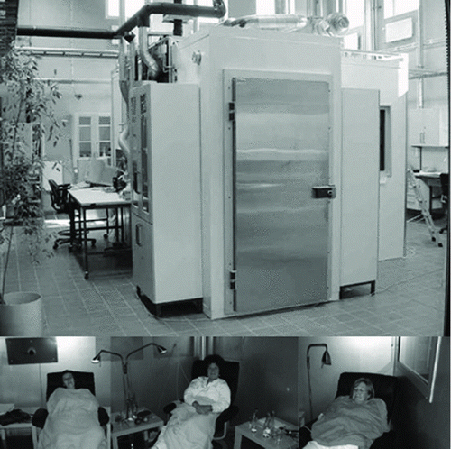 FIG. 1 (above) The stainless steel chamber at the University of Lund. (below) The arrangement of test subjects (in this case female volunteers) inside the chamber.