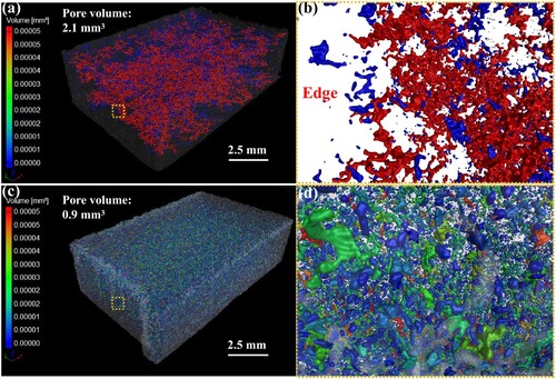 Figure 7. Pore network models from micro-CT scans and magnified images of the (a, b) PA12 and (c, d) PA12/GBs components.