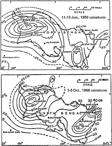 Fig. 10 Three-day isohyetal (cm) map of 1950 and 1968 rainstorm over northern region of sub-Himalayan West Bengal (Abbi et al., Citation1970).