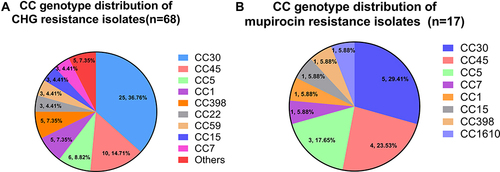 Figure 2 CC genotype distribution of (A) CHG and (B) mupirocin resistance isolates. “Others” represent CC8, CC25, CC121, CC944 and CC1610 genotypes; each includes only one isolate.