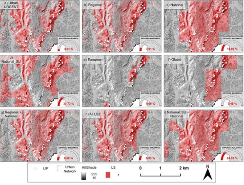 Figure 16. Details of predicted landslide susceptibility at the Monte Mario hill and overall percentage of exposed buildings within the municipality of Rome according to each product. The URGENT Rome map (a) compared with the original open-source LS products built at different scales of analysis (b – f) and with the top performing products obtained with the fusion criteria: regional and national scale (b), all available maps (c) and the two nationwide maps based on different mapping unit (d). Landslide Initiation Points (LIP) and the Roman urban network are plotted on each map.