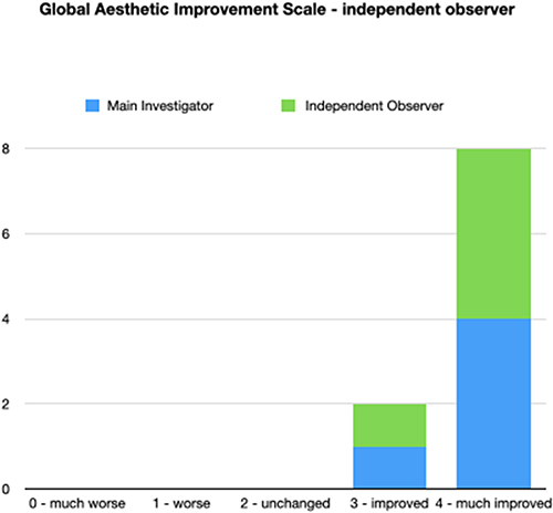 Figure 11 Improvement as assessed by the Global Aesthetic Improvement Scale at 3 months. Proportion of subjects graded by the main investigator as improved (3) or much improved (4), and proportion of subjects graded by the independent evaluator as improved (3) or much improved (4).