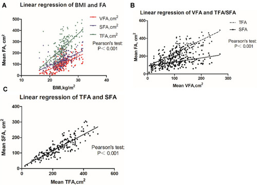 Figure 3 (A) Pearson’s test showed that BMI was linearly correlated with VFA (r=0.635, P<0.001), SFA (r=0.596, P<0.001), and TFA (r=0.730, P<0.001). (B) Pearson’s test showed that VFA was linearly correlated with SFA (r=0.826, P<0.001) and TFA (r=0.417, P<0.001). (C) Pearson’s test showed that TFA was linearly correlated with SFA (r=0.857, P<0.001).