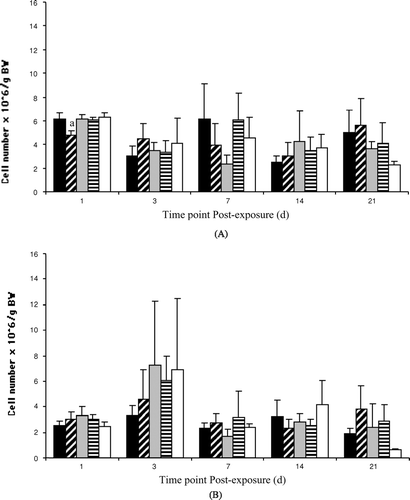 FIG. 1 Kidney (A) and spleen (B) cell numbers from bluegill exposed to vehicle ▪, 5.0 ▪ or 50.0 □ μg PCB 153/g BW, or to 0.01 ▪ or 1.0 □ μg PCB 126/g BW at 1 (n = 7–14), 3 (n = 3–6), 7 (n = 3–9), 14 (n = 3–6) or 21 (n = 3–5) d post-injection. Each bar represents the mean ± SE. aSignificantly different (p < 0.05) from the time-matched vehicle control.