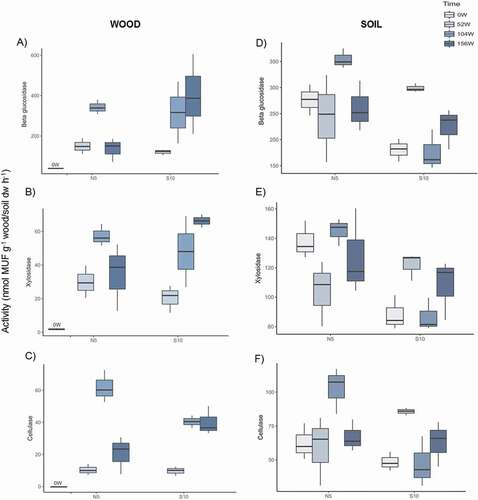 Figure 1. Potential activities of β-glucosidase (A, D), xylosidase (B, E), and cellulase (C, F) of the wood and soil samples collected in August 2013 (0 weeks), July 2014 (52 weeks), July 2015 (104 weeks), and July 2016 (156 weeks) at the north- and south-facing sites (N5 and S10, respectively). Values are means (n = 3) with standard deviation