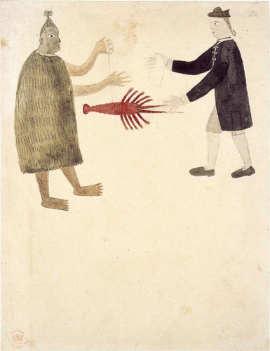 Figure 1  Tupaia, c1769. A Māori man and Joseph Banks exchanging a crayfish for a piece of cloth. © The British Library Board.
