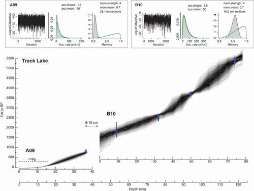 Figure 6. Bayesian age-depth models constructed with the age-depth modeling software Bacon v2.2 (Blaauw and Christen Citation2011 and Citation2013) for Track cores A09 and B10 on individual depth scales. Transparent blue symbols show calibrated radiocarbon dates and age-depth models are gray scale, with darker grays indicating more likely calendar ages. Stippled lines show 95 percent confidence intervals and the red dashed curve shows the best model fit based on the weighted mean age for each depth. Upper panels depict the Markov Chain Monte Carlo (MCMC) iterations (right panel) and prior (green) and posterior (gray histograms) distributions for the accumulation rate (middle) and memory (right panel). Extrapolated sedimentation rates suggest that unattained sediment gap was approximately 8–10 cm thick and spans from approximately 1850 to 800 cal yr BP