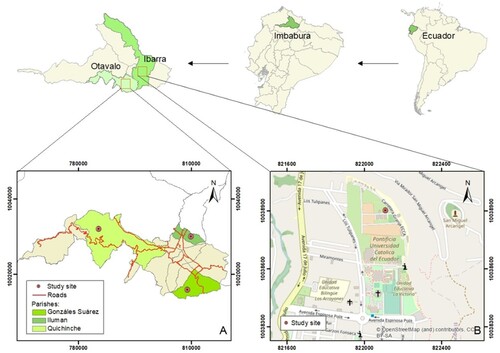 Figure 1. Study area distributed in: A) open-field production systems distributed at a parish level, and B) aeroponic production system located at the Research Center of the Pontifical Catholic University of Ecuador, in the Andes.