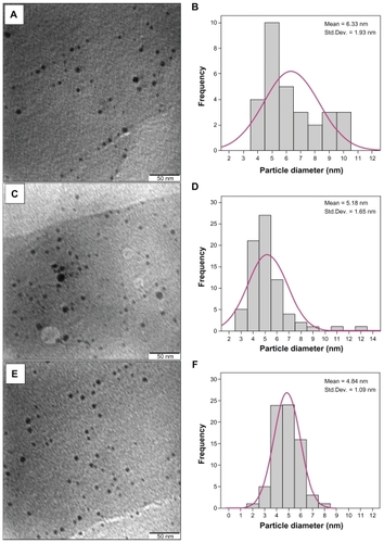 Figure 3 TEM image and typical of statistical graph for Ag-NPs in virgin coconut oil under 15 min (A–B), 30 min (C–D), and 45 min (E–F) ablation times.Abbreviations: Ag, silver; NPs, nanoparticles; SD, standard deviation; TEM, transmission electron microscopy.