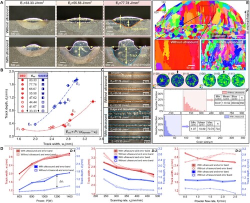 Figure 11. Morphologies of the solidified tracks and microstructure under different conditions. (A) Morphologies in the cross-section of the solidified tracks during DED and UADED. (B) Effect of energy density on the track width (w1) and track depth (d1). (C) The top surface defects of solidified tracks during DED and UADED. (D) Effect of processing parameters (laser power, scanning rate and powder flow rate) on the track width (w1) and track depth (d1). (E) and (F) Microstructure and grain size distribution during DED and UADED.