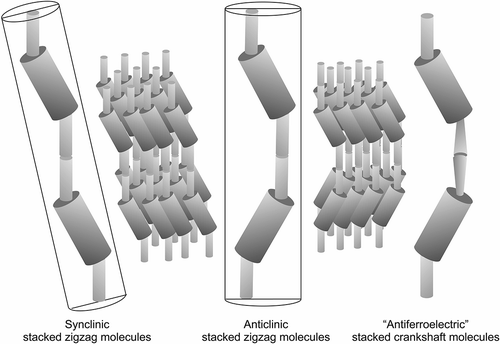 Figure 10. The synclinic and anticlinic packing arrangements in tilted mesophases.