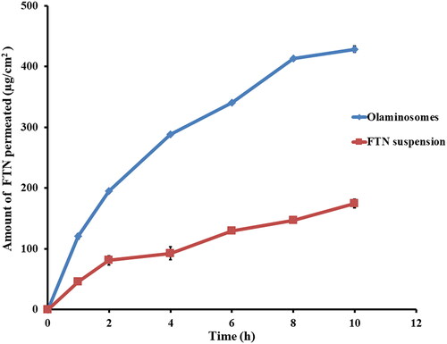 Figure 6. The ex-vivo permeation profiles of the optimum formula compared to that from FTN suspension at 37 ± 0.5 °C, mean ± SD, n = 3.