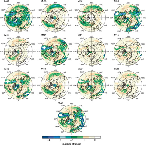Fig. 8 Annual anomalies of the number of tracks that were split at their maximum propagation time step from the climatological number of tracks. The counts show the number of tracks per year in a circle of 2 deg. lat.