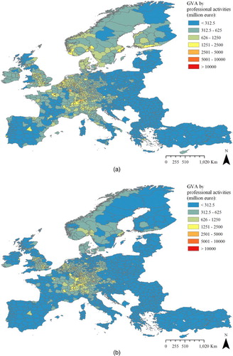 Figure 4. Estimated QIs concentrations (GVA, million euro) for European NUTS3 regions:  (a) year 2010 estimates; (b) year 2000 estimates.
