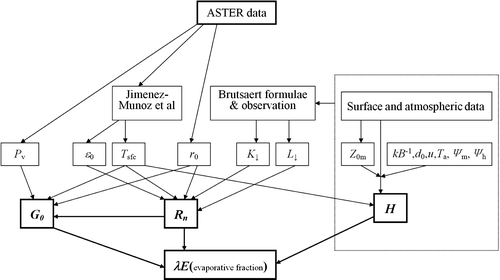 FIGURE 2 Diagram of parameterization procedure by combining Advanced Space-borne Thermal Emission and Reflection radiometer (ASTER) data with field observations. The method of CitationJimenez-Munoz et al. (2006) yields land surface temperature and emissivity. SMAC is radiative transfer model; Pv is vegetation coverage; ϵ0 is emissivity; Tsfc is land surface temperature; r0 is land surface albedo for shortwave radiation; K↓ is shortwave radiation; L↓ is longwave radiation; Z0m is roughness height for momentum transfer; kB−1 is the excess resistance for heat transportation; d0 is zero plane displacement height; u is mean wind speed; Ta is air temperature; Ψm is stability correction function for momentum; Ψh is stability correction function for sensible heat transfer; G0 is the soil heat flux; Rn is the net radiation flux; λE is the regional latent heat flux; and H is the sensible heat flux.