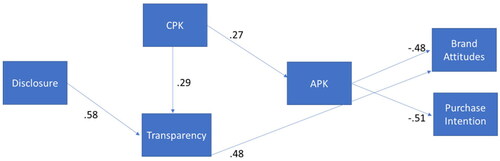 Figure 2. Results for the total sample. CPK is conceptual persuasion knowledge; APK is attitudinal persuasion knowledge; only effects with p <.10 are shown.