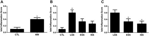 Figure 9 Islet inflammation score in 8w. Data are average values ± SEM. Significant differences (P<0.05): *NW vs CTL (A); *LSS, ESS or ISS vs CTL (B); *ESS or ISS vs LSS (C).